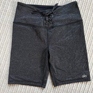 Alo Yoga High-Waist Lace-Up Glitter Short Black/Silver S — Great Condition
